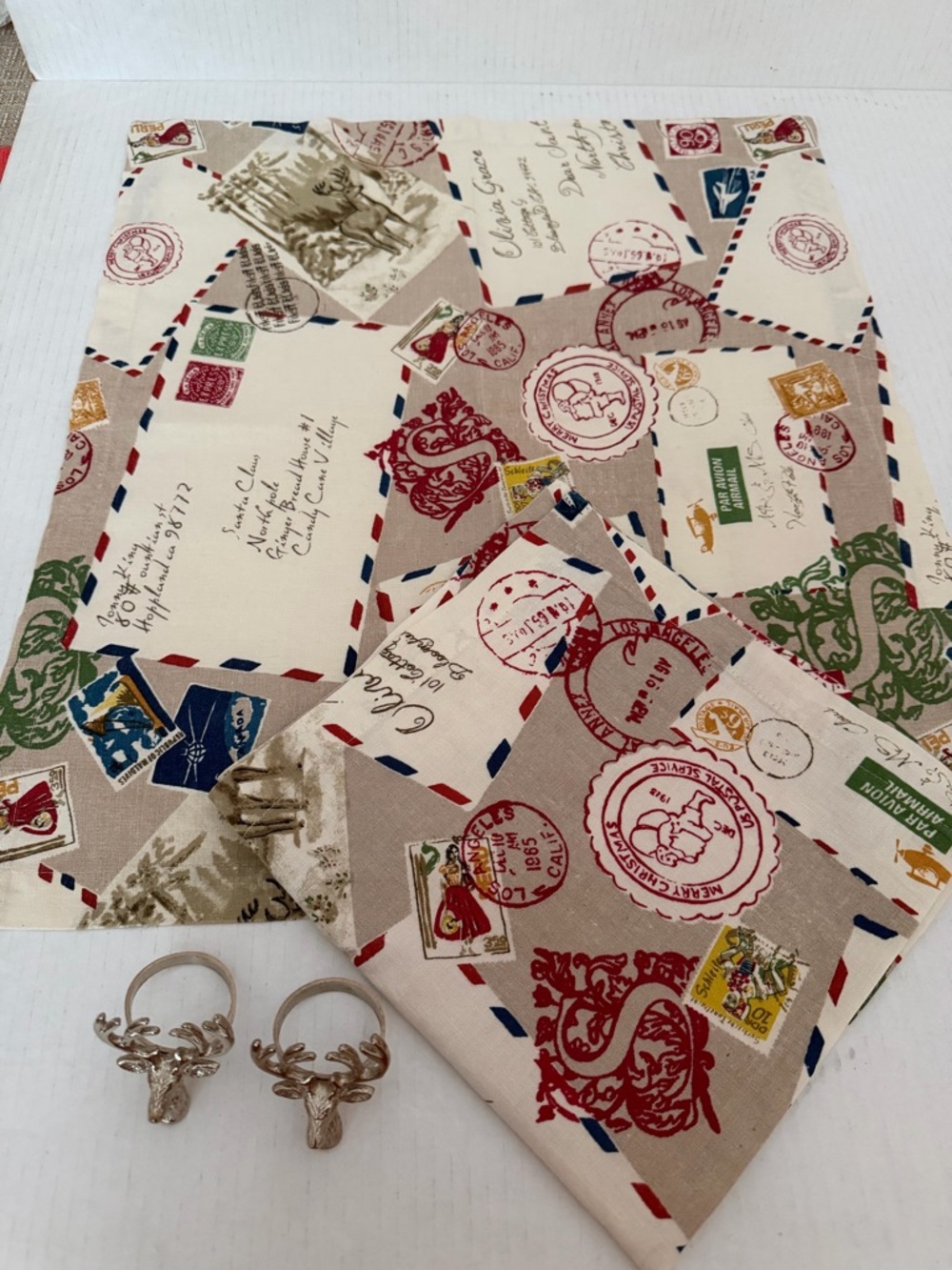 Two Pottery Barn Letters to Santa cotton-linen napkins with deer napkin rings